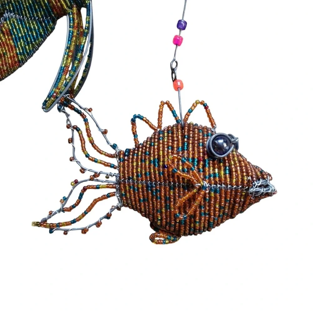 Beaded Wire Marine Life Fish Seahorse Ornaments Lot 3 Coastal Home Decor Folk